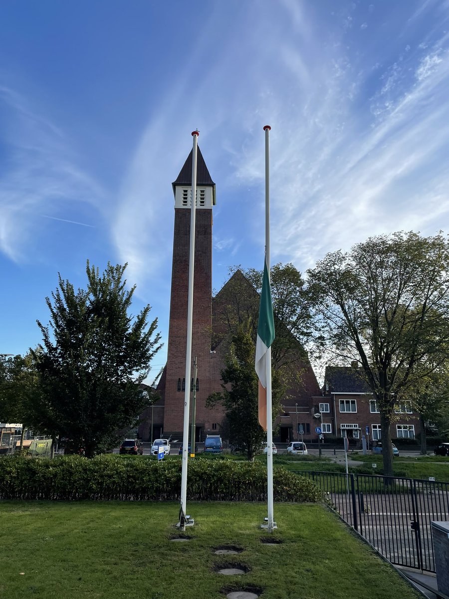 IrelandinNL's tweet photo. Our flag is being flown at half-mast at the Embassy in The Hague in memory of the victims of Creeslough, County Donegal. Our deepest sympathies and condolences go out to the families, friends and loved ones affected by this tragedy. 
Ar dheis Dé go raibh a n-anamacha. https://t.co/yX1pi19EVz