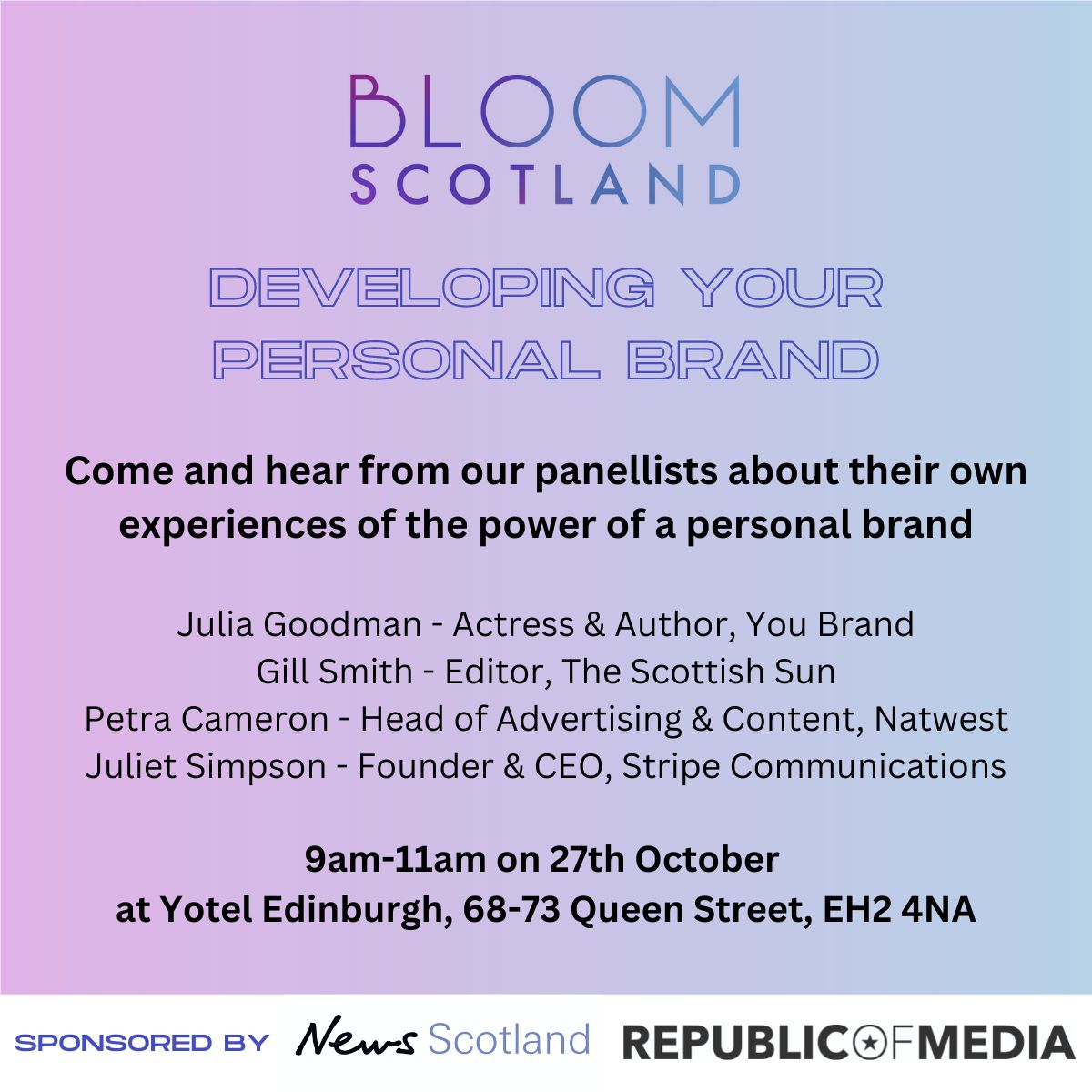 BloomScotland's tweet image. TICKETS ARE GOING FAST!
Register now buff.ly/3rJmaKb
Hear from our stellar line up of panellists on 27th Oct, 9am-11am:
#bloomscotland
#togetherwebloom