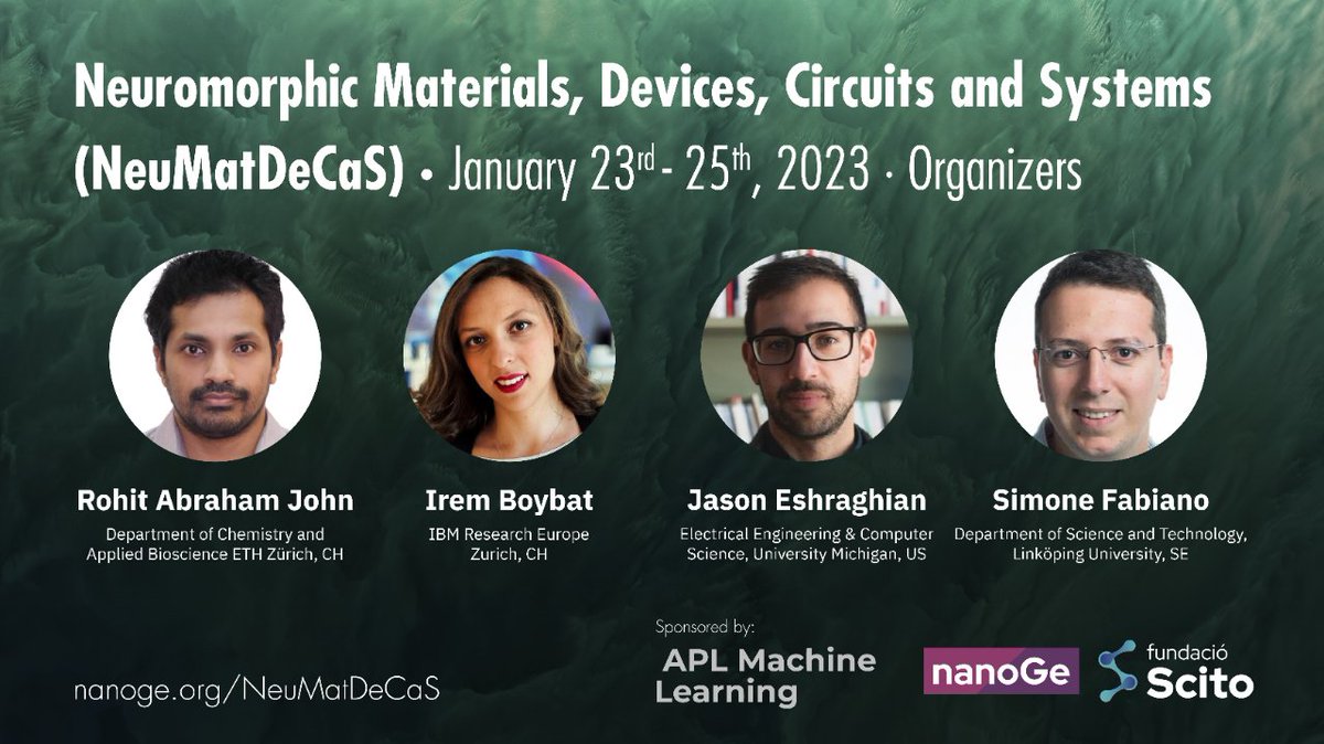 nanoGe_Conf's tweet photo. NEW ONLINE CONFERENCE💥 Join us at "#NeuromorphicMaterials, Devices, Circuits and Systems" (#NeuMatDeCaS), it will take place between the 23rd to the 25th of January 2023, Online.

▶️Submit your oral abstracts:

https://t.co/u0aJUYQdFt https://t.co/2uGvKCbUjj