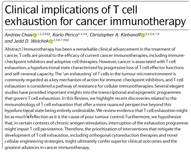 NatRevClinOncol's tweet image. In a new Review @AndrewChowMDPhD @KarloPerica @KlebanoffLab &amp;amp; @wolchokj discuss the immunobiology and clinical implications of T cell exhaustion for cancer immunotherapy:  nature.com/articles/s4157… @MSKCancerCenter @WeillCornell