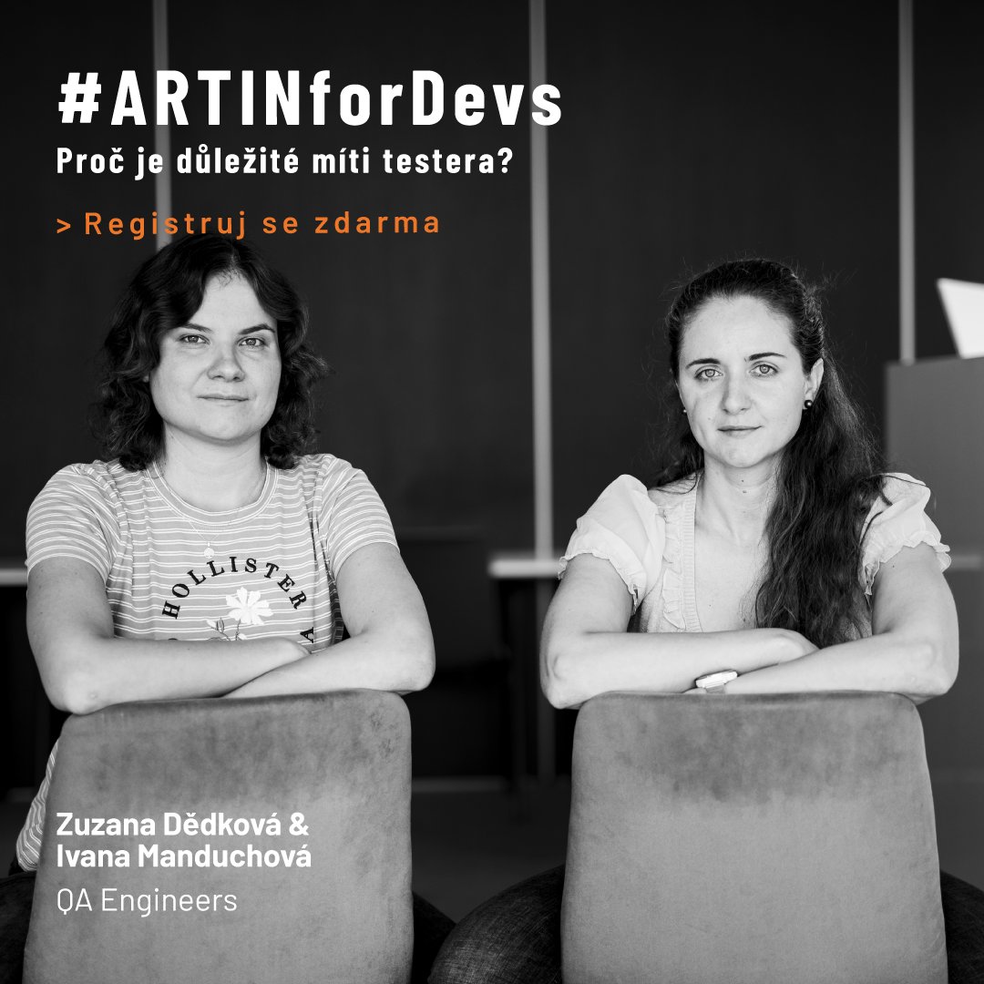 artincz's tweet photo. Jak je důležité míti testera? 🤔 To příblíží Ivča Manduchová a Zuzka Dědková ve přednášce na #ARTINforDevs.
Potkáme se už tento čtvrtek v Brně na Purkyňce.
Víc info i registraci na akci najdeš na https://t.co/Ud3qdHh97Q. https://t.co/LLvV2MTXrs