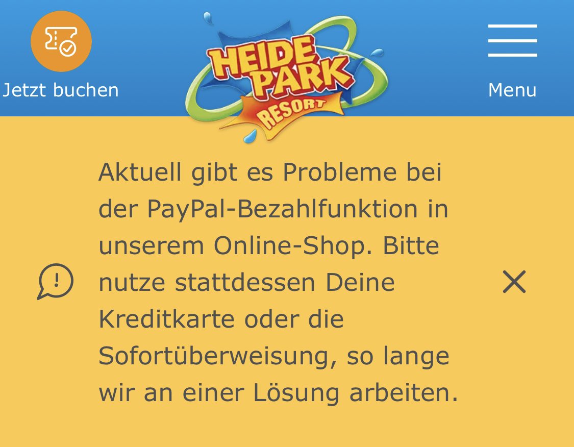 Achtung! ⚠️ 
Wegen technischer Probleme ist es derzeit NICHT möglich per Paypal im Online Shop zu bezahlen!

Alternativ soll man die Kreditkarte nehmen oder per Sofortüberweisung bezahlen, um sein Ticket für den #heidepark zu bekommen!