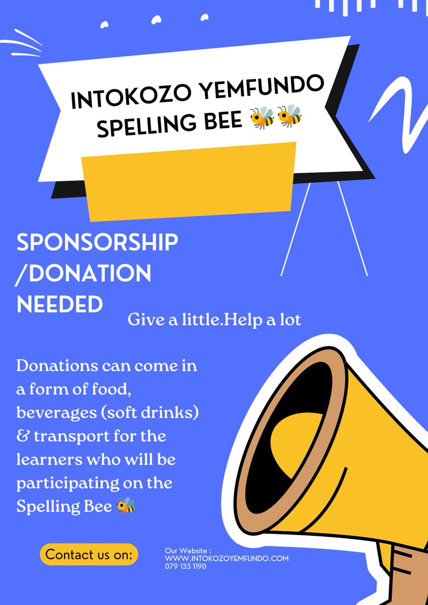 Intokozo_Edu's tweet photo. We as Intokozo Yemfundo have a request, on the 29th of October 2022 we are hosting the final spelling bee in Soweto and to make the event a success we would really appreciate donations or a helping hand. Thank you in advance.
#sponsorshiprequest
#piecity
#Nando's
#KFC 
#CocaCola https://t.co/D3LfYzbpVp