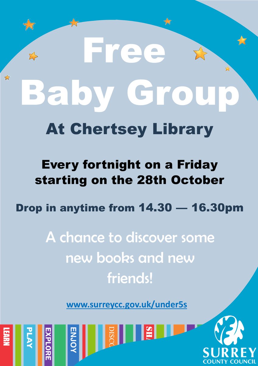 Exciting news! We have a new FREE fortnightly baby group starting at Chertsey library! Drop in anytime between 2.30 - 4.30pm every two weeks starting 28 October 

@SurreyLibraries @SurreyNews #babygroup #surreymums