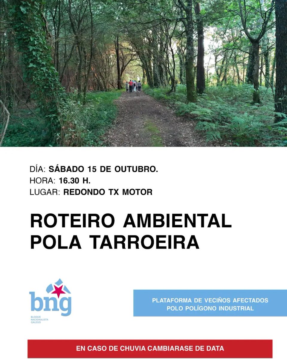 obaixoulla's tweet photo. 𝐑𝐨𝐭𝐞𝐢𝐫𝐨 𝐚𝐦𝐛𝐢𝐞𝐧𝐭𝐚𝐥 𝐩𝐨𝐥𝐚 𝐓𝐚𝐫𝐫𝐨𝐞𝐢𝐫𝐚

📅 Sábado 15 de outubro
🕖 16:30 horas
📍 Redondo (Tx Motor) #PonteCesures
📢 @BngCesures + Plataforma de Veciños afectados polo Polígono Industrial https://t.co/uIfKURL213