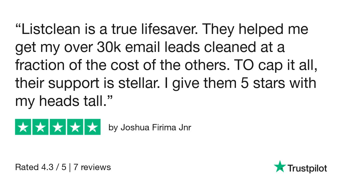 listclean_xyz's tweet photo. Joshua Firima Jnr gave Listclean 5 stars via @Trustpilot https://t.co/pzzejZabot
#emailverification #listclean #email #marketing #emailmarketing #startup #tech #cmo #ceo #enterprise #mailchimp #ai https://t.co/1YTHk5LteR
