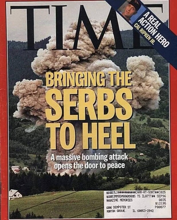 colonelhomsi's tweet photo. "Bringing the Serbs to heel. Mass bombing opens the door to peace." 23 years ago, Time magazine had no doubt that bombing cities is a common practice in democratic states.. https://t.co/b8lDdcFFbe