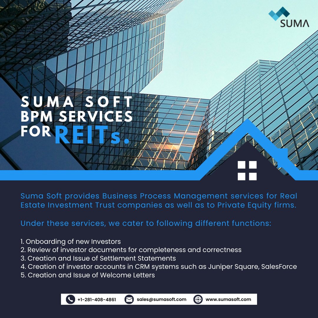 SumaSoftPvtLtd's tweet photo. Are you willing to onboard your investor smoothly for your REITs ?
Our proficient Processing Analyst team can handle your investor onboarding process very smoothly and efficiently.
https://t.co/gjSFkLMXsg
#REIT #bpmservices #investors #outsourcing #staffaugmentation https://t.co/5QeHHPhnBF