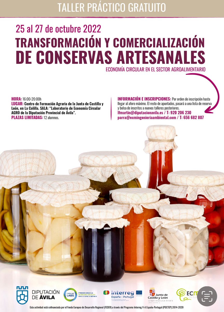 Taller de conservas artesanales organizado por <a href="/dipuavila/">Diputación de Ávila</a>, proyecto <a href="/poctep/">Interreg España-Portugal</a> CIRCULAR LAB.
Ahí estaremos apoyando