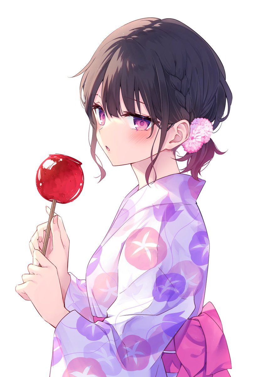 1girl japanese clothes food solo kimono white background candy apple  illustration images