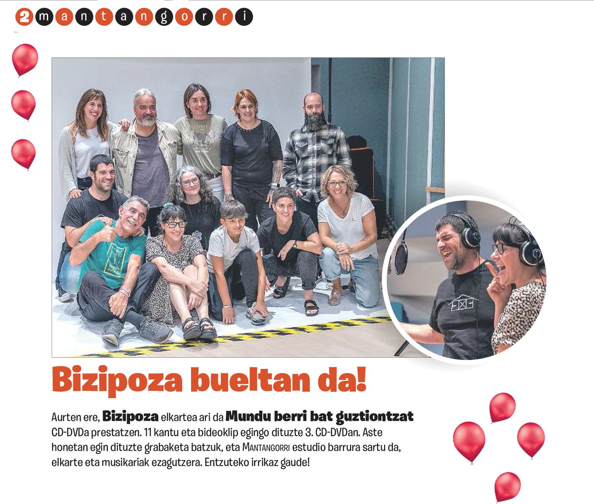 bizipoza_eus's tweet photo. 🗞🐞@berria -ko #Mantangorri-k #MunduBerriBatGuztiontzat 3.edizioaren grabaketaren berri eman du. @ElkarMusika -ra etorri zirenean, @JunerenHegoak-eko kideak, @mirenartetx HEGAN abestiaren letragilea eta #InesOsinaga eta #Etxe ari ziren grabatzen,Xabier Zabalaren gidaritzapean. https://t.co/8Jr2oct9Y9
