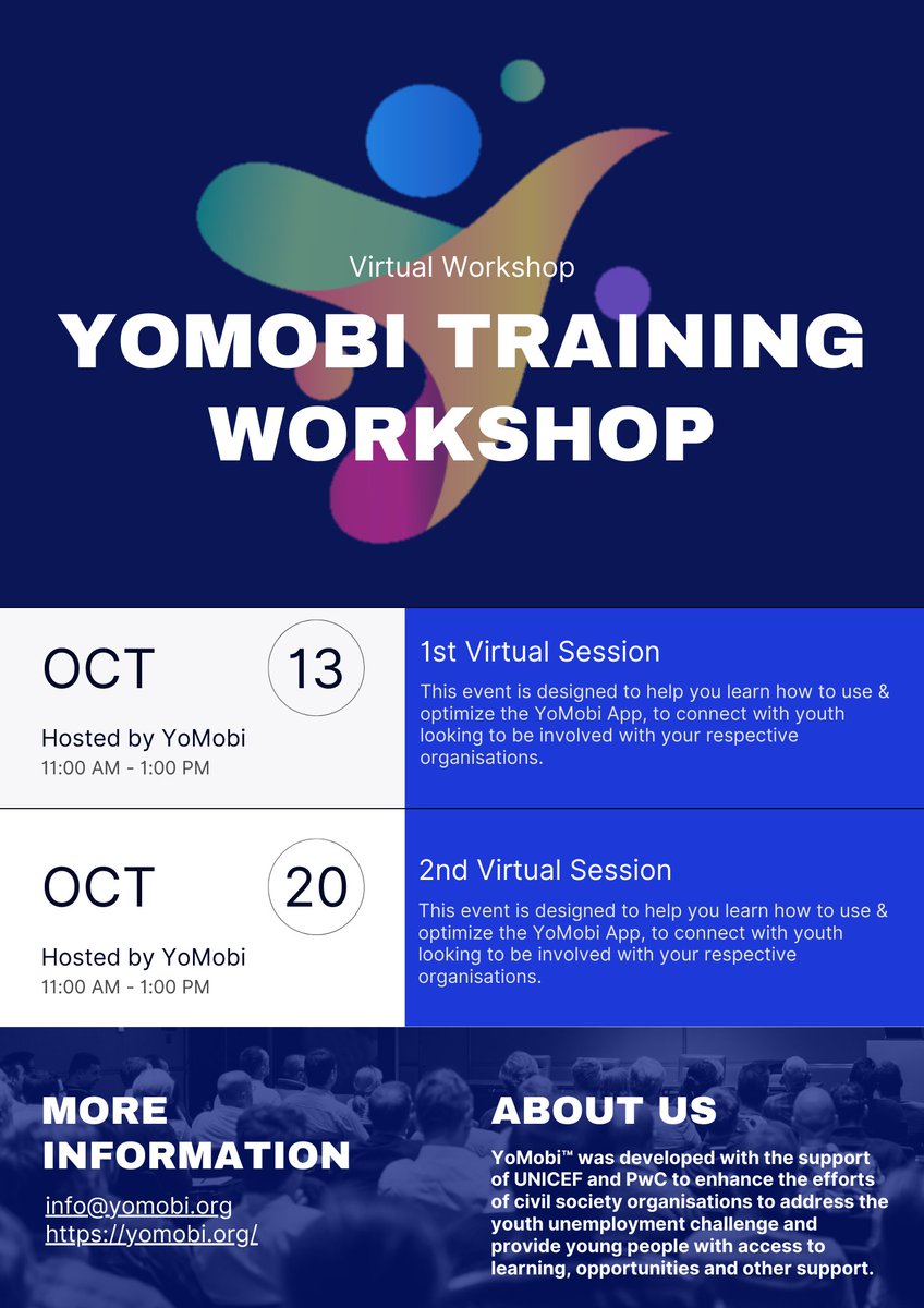 YDCoLabZA's tweet photo. The YoMobi team will host 2 training workshop sessions for organisations to attend. This event is designed to help you learn how to use & optimize the YoMobi App.
1st Session: https://t.co/DTMJ4zmL6H
2nd Session: https://t.co/mmFx4axYWv
#tech4good #tech4nonprofits #YouthDevOrgs https://t.co/JFAJbmh4pW