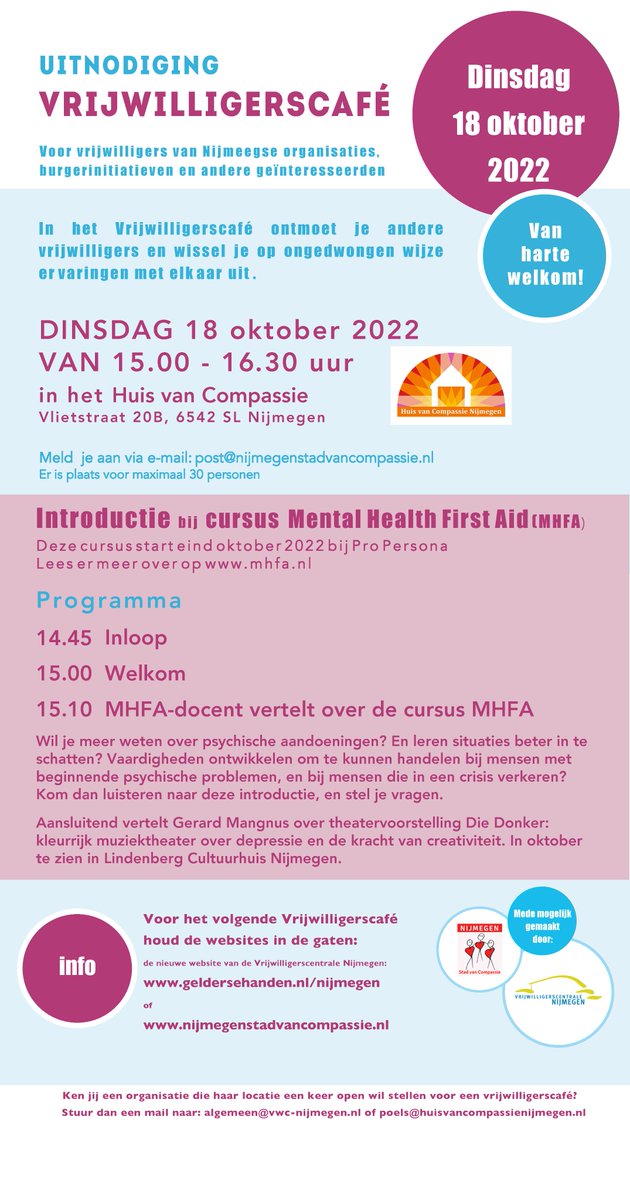 Je bent van harte welkom bij het Vrijwilligerscafé op dinsdag 18 oktober in het Huis van Compassie! Er zijn 30 plaatsen, dus meld je snel aan. bit.ly/3rME5jc