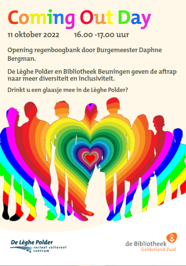 Vandaag is het Coming Out Day! In de bieb mag iedereen zichzelf zijn. Bibliotheek Beuningen heeft daarom samen met dorpshuis De Lèghe Polder een regenboogbank laten maken. Deze wordt vandaag tussen 16 en 17 uur onthuld door burgemeester <a href="/Daphne_Bergman/">Daphne Bergman</a>. Komen jullie kijken?