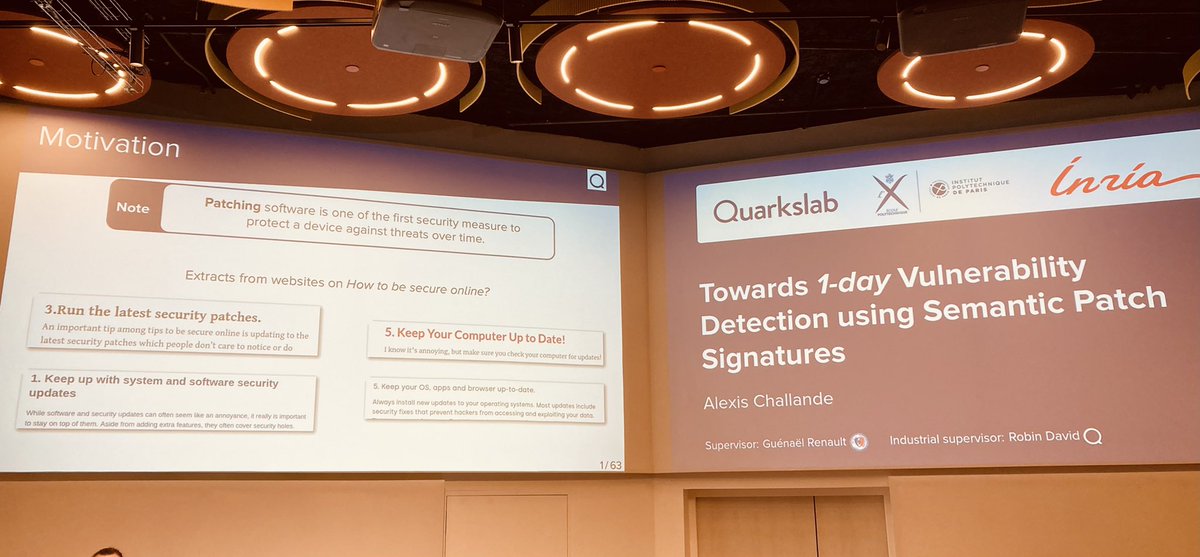 Towards 1-day Vulnerability Detection using Semantic Patch Signatures. Alexis <a href="/DarkaMaul/">dm</a> is defending his PhD today!
QbPhD++
Building and sharing knowledge with all, being part of the research community, participating in improving software security! So proud of Team <a href="/quarkslab/">quarkslab</a>!