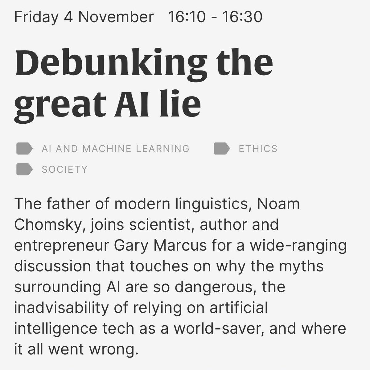 paddycosgrave's tweet photo. Announcing Noam Chomsky will speak at @WebSummit alongside @GaryMarcus on “Debunking the great AI lie”
https://t.co/AgbThfHugF https://t.co/zyDPjd4VSc