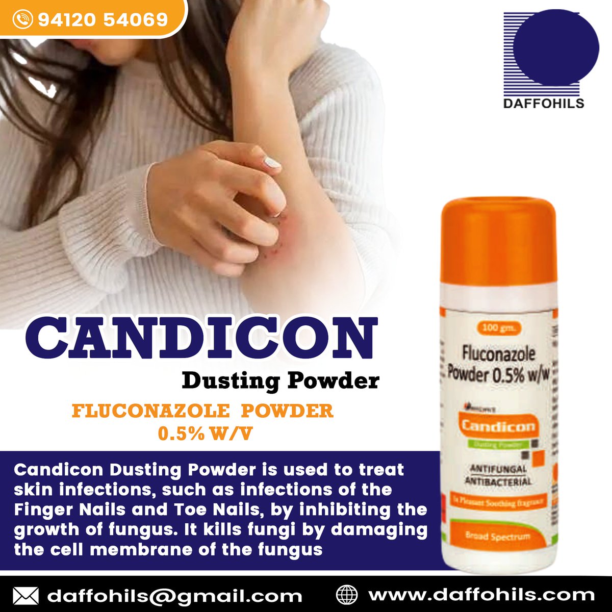 DaffohilsL's tweet photo. Candicon Dusting Powder

Candicon Dusting Powder is used to treat skin infections, such as infections of the Finger Nails and Toe Nails, by inhibiting the growth of fungus. It kills fungi by damaging the cell membrane of the fungus.

Website:- https://t.co/ocUokxA3Wl

#daffohils https://t.co/PkDjL78VlL
