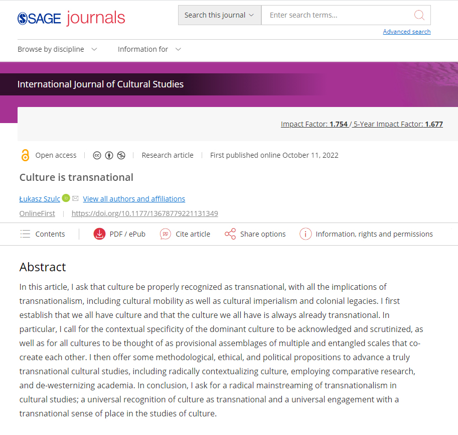 My new work is out! It's called "Culture is Transnational" and I wrote it for the <a href="/IJCS_journal/">International Journal of Cultural Studies</a> series on What is Cultural Studies? I stress that we all have culture that is always already transnational and I ask for a truly transnational cultural studies. journals.sagepub.com/doi/10.1177/13…