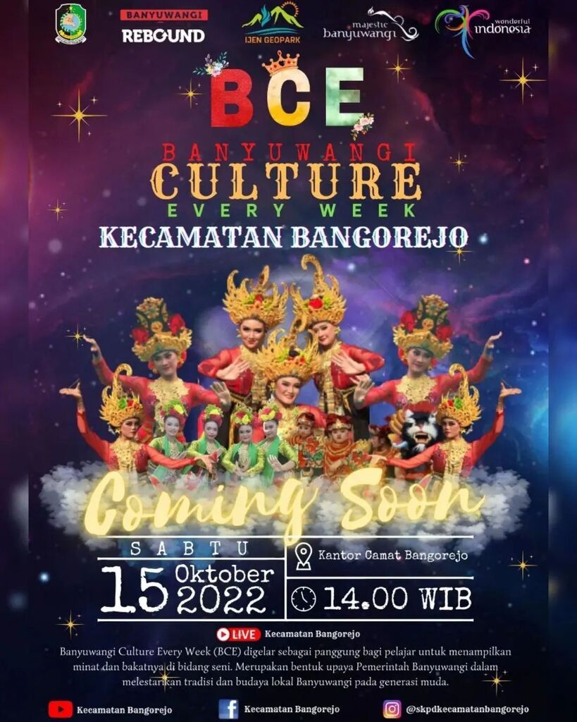 EventBwi's tweet image. From @skpdkecamatanbangorejo Hallo warga Bangorejo….😃
Banyuwangi Culture Every Week Tahun 2022, siap digelar 

🗓 ; Sabtu, 15 Oktober 2022
⏰ : 14.00 WIB
📍 : Halaman Kantor Camat Bangorejo

Jangan lupa datang dan saksikan, dengan tetap mematuhi pro… instagr.am/p/CjkT7AKrLSO/