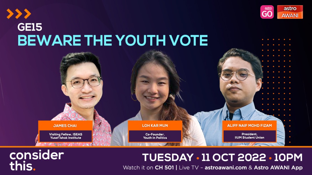 It's estimated 6 million new voters aged 18-21 will be added to the GE15 electoral roll. What will it take to win their vote? Tonight on #ConsiderThis I ask <a href="/karmunloh_/">Karmun</a> <a href="/YPoliticsMY/">YPolitics</a>, <a href="/JamesJSChai/">James</a> &amp; <a href="/aliffnaif_/">ʀɪᴏᴛ</a> <a href="/iium_su/">IIUM Student Union</a> if young voters will be a force to be reckoned with in GE15.