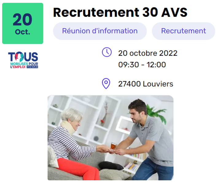 karinelucas6's tweet photo. Une trentaine de postes d'#AVS à pourvoir sur le bassin de Louviers d'ici fin 2022. Vous disposez d'une 1ère expérience de 6 mois minimum ET avez un moyen de locomotion pour vous rendre au domicile des bénéficiaires. #Poleemploi #Louviers
Inscrivez vous via #mesévénementsemploi https://t.co/wDIKAFWXZb