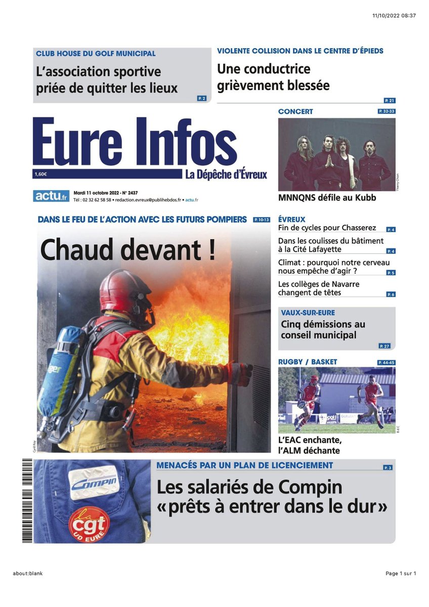 sdis27's tweet photo. Les sapeurs-pompiers du @EureenNormandie font la Une de :
👉@Eureinfodepeche avec @cyrill_roy pour mettre en avant la #FiPro202201 en formation au @Groupe_CNPP
👉un #mardiConseil de @paris_normandie avec @AlicePttn pour des conseils de prévention liés au risque 🔥🏠domestique https://t.co/vRyhYUJd7I