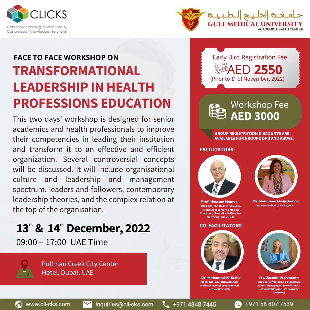 CLI_CKS's tweet photo. Few Days to Early Bird Registration : Transformational Leadership in Health Professions Education F2F Workshop
For more information and registration visit: https://t.co/1UpQLYiJ6b
#transformational #leadearship #healthprofessions #highereducation https://t.co/rsPNutcc83