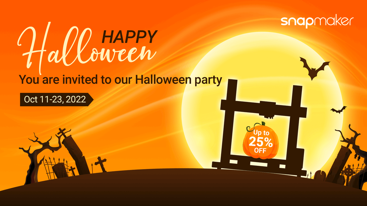 snapmaker's tweet photo. Snapmaker Halloween Deals here: https://t.co/i9rlAKxp1E
+🤩A #giveaway
Enter by:
1. Follow me 
2. Comment or retweet with any of your Halloween-themed projects.
Random pick 1 winner to win a Snapmaker A250 with free shipping!
Time: Oct 11-23, 2022

#Snapmaker #Halloweenprojects https://t.co/BP9eI0EtCT