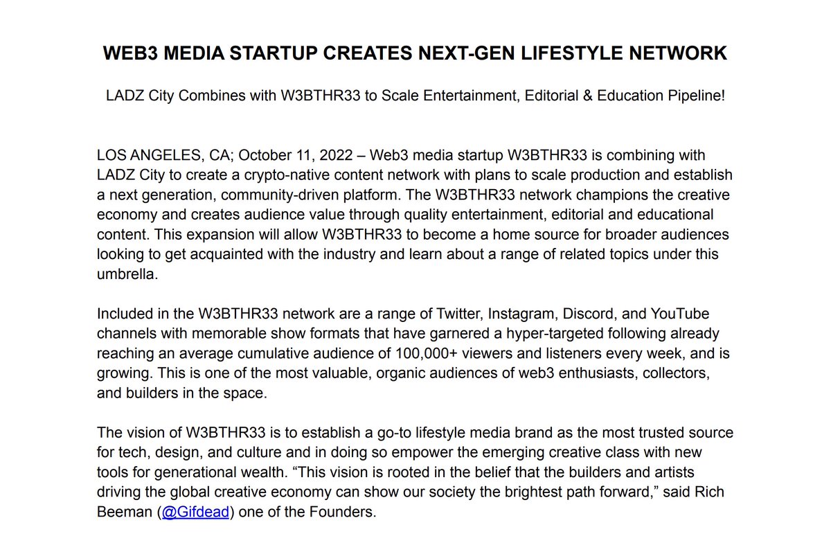 GM W3BTHR33 🤘🧠

Official Press Release announcing our network formation is now live at w3b3.life 👀

You're affirmatively invited to join the Alpha Tribe and we look forward to sharing more very soon! #w3b3 #web3 #web3community