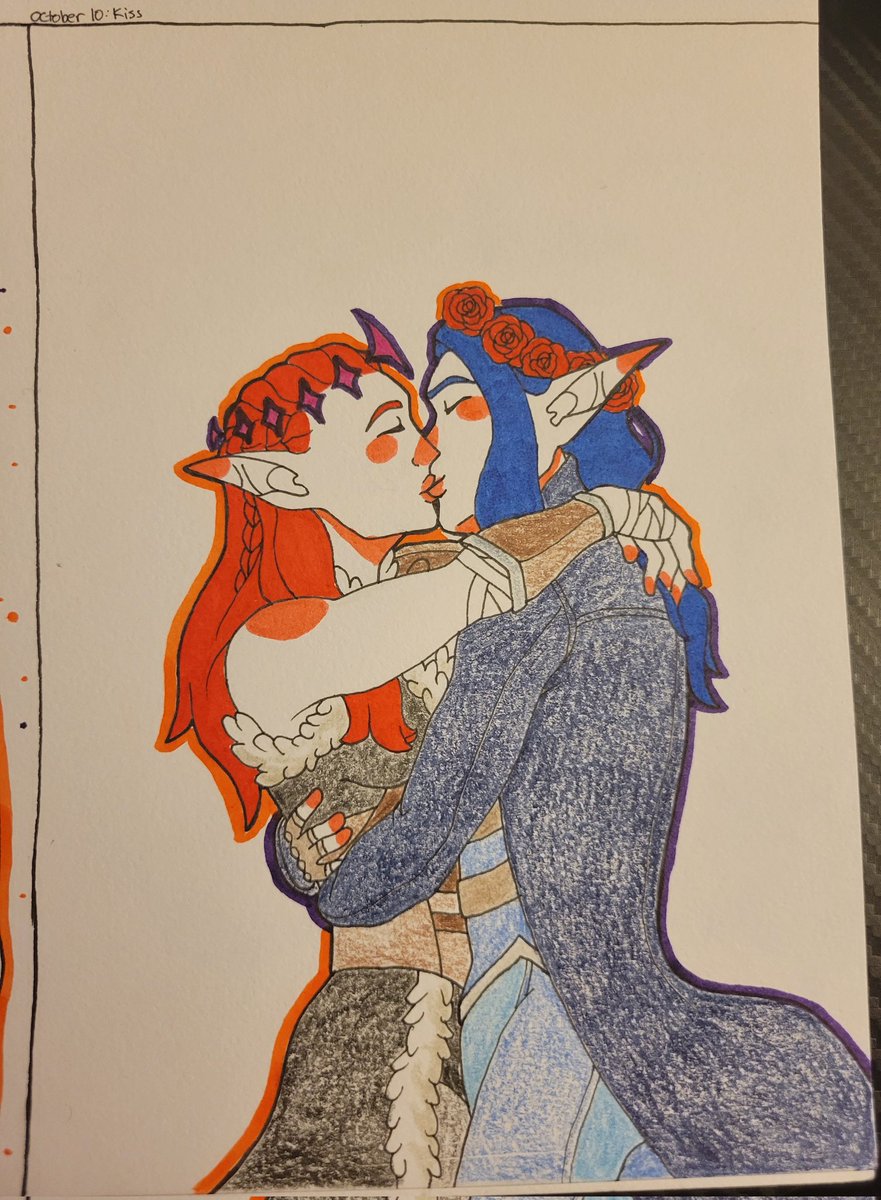 ntirzaman's tweet photo. OCtober 10: Kiss
I drew them in their DnD outfits!
#Reila #Rowan #Roweila #dnd #art #sketchbook #drawing #Kiss #kissing #oc #ocs #originalcharacter #originalcharacters #originalcharacterart #marker #coloredpencils #love #couple https://t.co/KLCcMF1awz