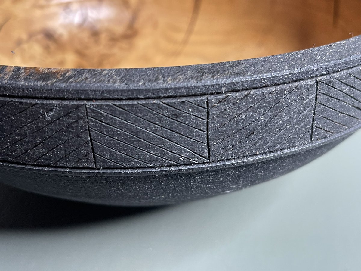 Orkwoodturner's tweet image. Oak bowl, straight from the gouge, no sanding . Black vinegar solution stain, bit of pyro on the rim and a coat of oil. Still some work to do yet but getting there.