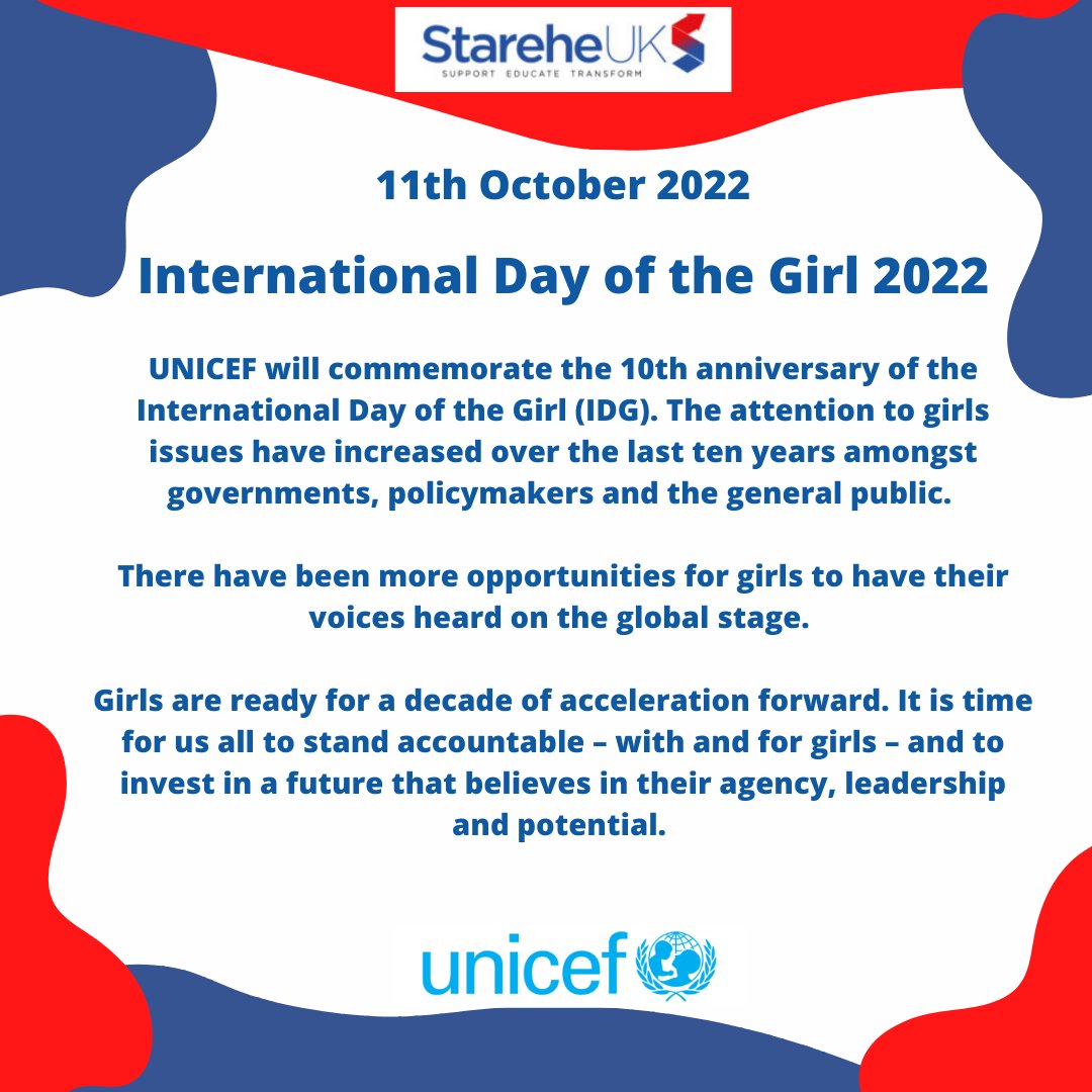 StareheUK's tweet photo. Happy International Day of the Girl 2022

“Our time is now – our rights, our future”

Commemorating the 10th anniversary of the International Day of the Girl. 

There have been many opportunities created for girls to have their voices heard but there is still more work to be done https://t.co/CBFnULfoWs