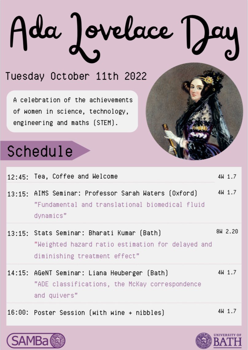 MathsatBath's tweet photo. Today’s the big day! #AdaLovelaceDay22 and it’s great to see so much support from people in the Department. Join us this afternoon for our series of seminars and poster session to celebrate the contributions made by women in maths! https://t.co/BGryO4Atqf