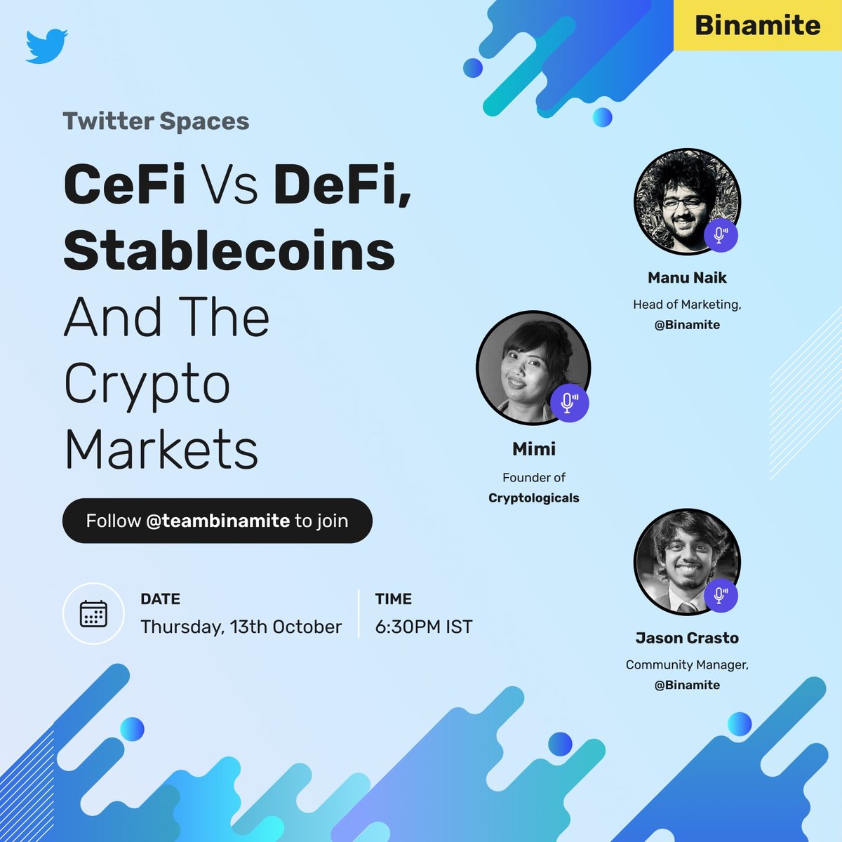 IBTxOfficial's tweet photo. Join us for an insightful session with @KryptoMimi as we discuss CeFi vs DeFi, Stablecoins and The Current Market Sentiments.

Attendees have a chance to win special crypto goodies, brownie points if you ask a question!

Set a reminder for the event here: https://t.co/lECbgipnIt https://t.co/0EUQuDxuOg