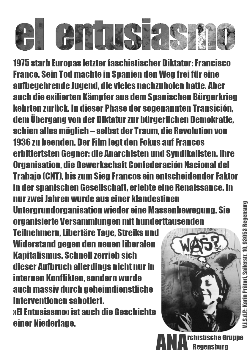 Der Dokumentarfilm „El Entusiasmo“ von Luis E. Herrero wird morgen in Regensburg gezeigt. Es wird eine Einführung zum Film und eine Gesprächsrunde im Foyer geben.

Wo? Filmgalerie im Leeren Beutel 
Wann? 12. Oktober, 20 Uhr 
Eintritt? 7 €

Filmbeschreibung in der Caption⬇️⬇️⬇️