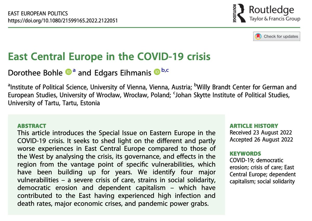 In the Intro @DoroBohle and myself on why ECE was particularly vulnerable to COVID-19: the crisis of care, strains on social solidarity, democratic erosion, and dependent capitalism shorturl.at/acfpu (2/11)