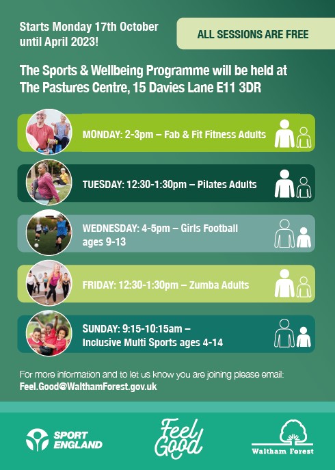 FREE sport and wellbeing sessions at Pastures! Pilates, fitness and zumba for adults, multi-sports for kids and girls' football - check the details on the poster for this fantastic opportunity!