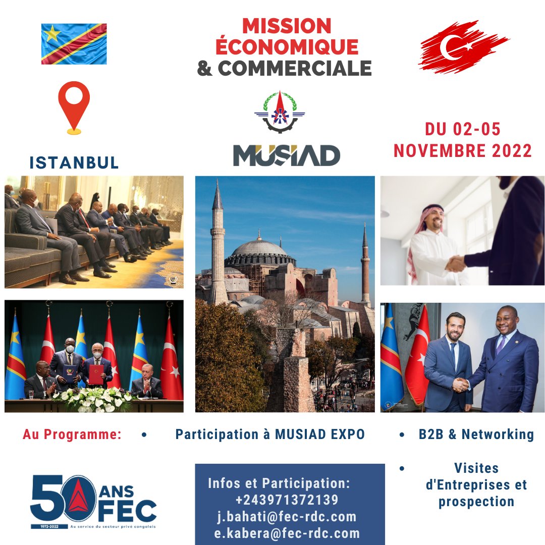 FECRDC's tweet image. Estimé à 36,5 millions de USD en 2018,le volume d&apos;échanges bilatéraux entre la #RDC et la #Turquie a presque doublé en 2022

C&apos;est dans ce contexte que la #FEC organise une #mission économique à 📍 #Istanbul, 📆du 02 au 05 novembre 2022

En savoir plus➡️ bit.ly/3T7koy6