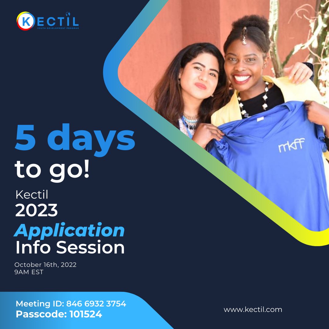 𝟱 𝗗𝗮𝘆𝘀 𝘁𝗼 𝗧𝗵𝗲 𝗞𝗲𝗰𝘁𝗶𝗹 𝟮𝟬𝟮𝟯 𝗔𝗽𝗽𝗹𝗶𝗰𝗮𝘁𝗶𝗼𝗻 𝗜𝗻𝗳𝗼 𝗦𝗲𝘀𝘀𝗶𝗼𝗻
We will hold our first information session on Sunday, October 16, at 9:00 a.m. EST. If you are thinking of applying, this might be a great opportunity for you to learn more.👇🏿
#kectil2023