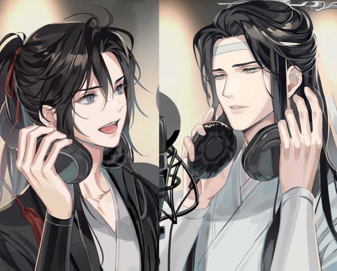 2boys multiple boys black hair white headband long hair male focus headphones  illustration images