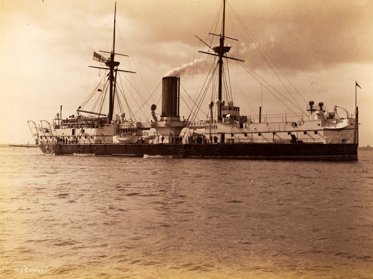 Rich_Ships's tweet photo. HMS Colossus - ironclad and lead ship of her class. The first British “modern battleship” with large rifled breech-loading main guns.
Pictured off Cowes on the Isle of Wight after commissioning, July 9, 1886.
Picture by N.L. Stebbins GUSN-276921
#HMSColossus #NavalHistory https://t.co/yUdAfO70y7