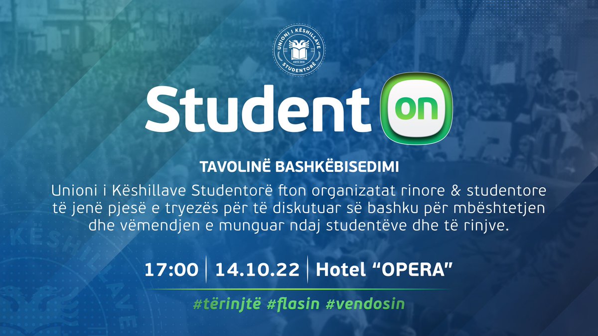 unioniks's tweet photo. (1/2)▶️ Unioni i Këshillave Studentorë ju fton në tryezën dedikuar studentëve! ⬇️
#StudentON do të jetë një tryezë bashkëbisedimi 💬 e përbërë nga përfaqësues të organizatave rinore & studentore,ku së bashku me #UKS do të diskutojmë mbi problematikat dhe shqetësimet e studentëve https://t.co/z1hT3zKmbu