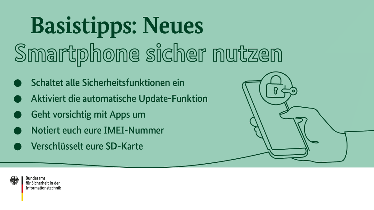 BSI_Bund's tweet photo. Beim Einrichten eines neues #Smartphones solltet ihr mit dem Schutz eurer Cyber-Sicherheit beginnen. 📱 So könnt ihr euch vor Angriffen besser wappnen und Risiken einschränken. 🛡️

Noch mehr Tipps zum Thema: ➡️https://t.co/ka5himyxGw 

#DeutschlandDigitalSicherBSI https://t.co/uq3wme96O6