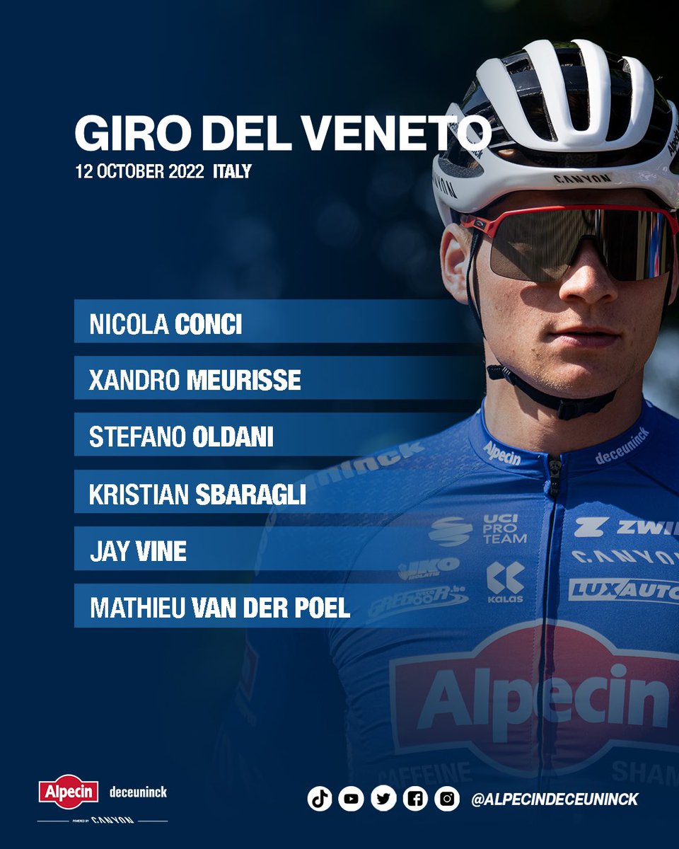 Nearly approaching the final of our Italian adventure, with @GirodelVeneto tomorrow. Here is our line up, and we have a small surprise for you… @mathieuvdpoel is also joining the team! 💥 #AlpecinDeceuninck