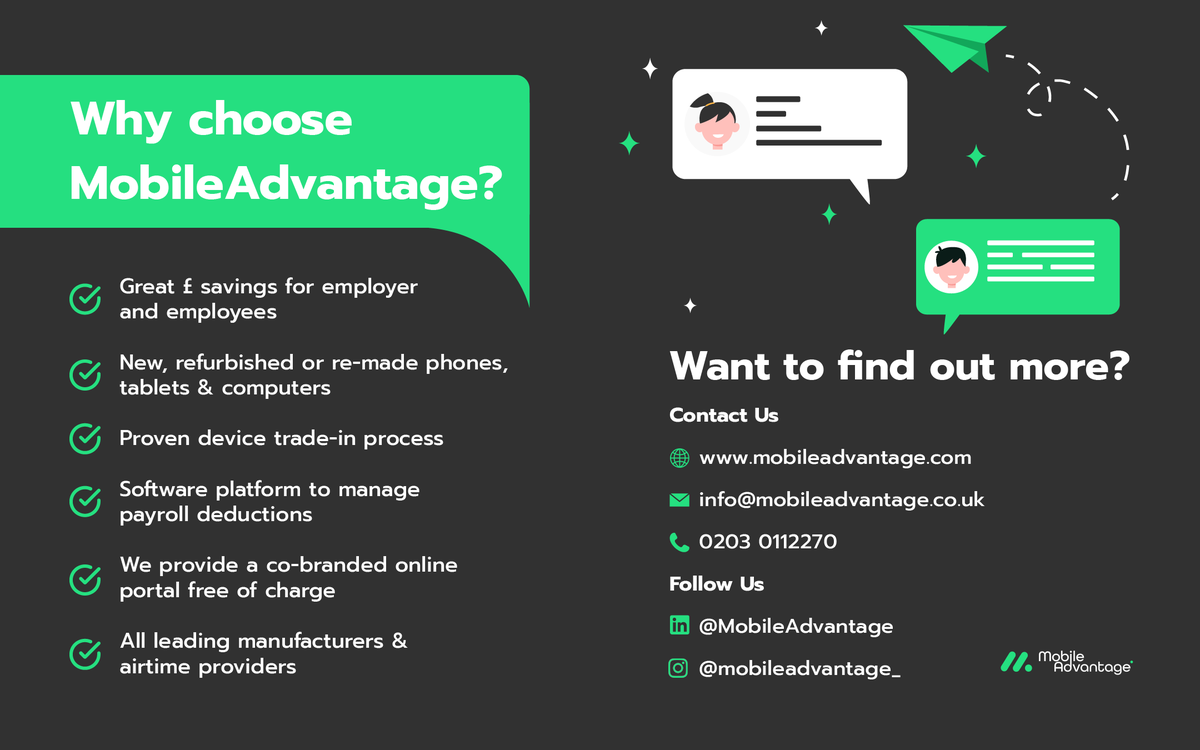MobileAdvantage provides tech benefit schemes, helping employers reduce their carbon footprint whilst enabling employees to upgrade devices at a more affordable price.

Come and check out our website from the bio!