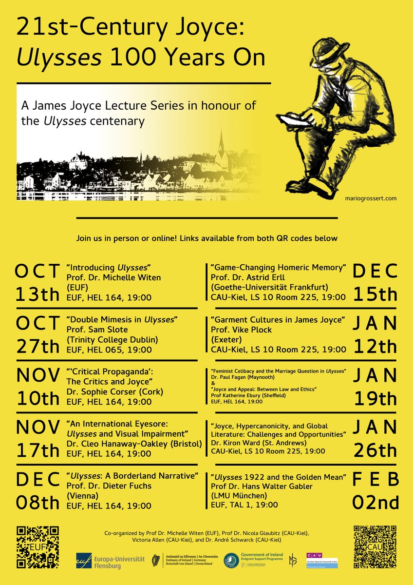 Delighted to announce the EUF & CAU-Kiel's amazing speaker series, '21st-C Joyce: Ulysses 100 Years On'. The 1st talk will be me, tomorrow, 18:30CEST! Join us online or in person! More details: uni-flensburg.de/?51941 Thanks to @irlembberlin for co-funding! #Ulysses Please RT