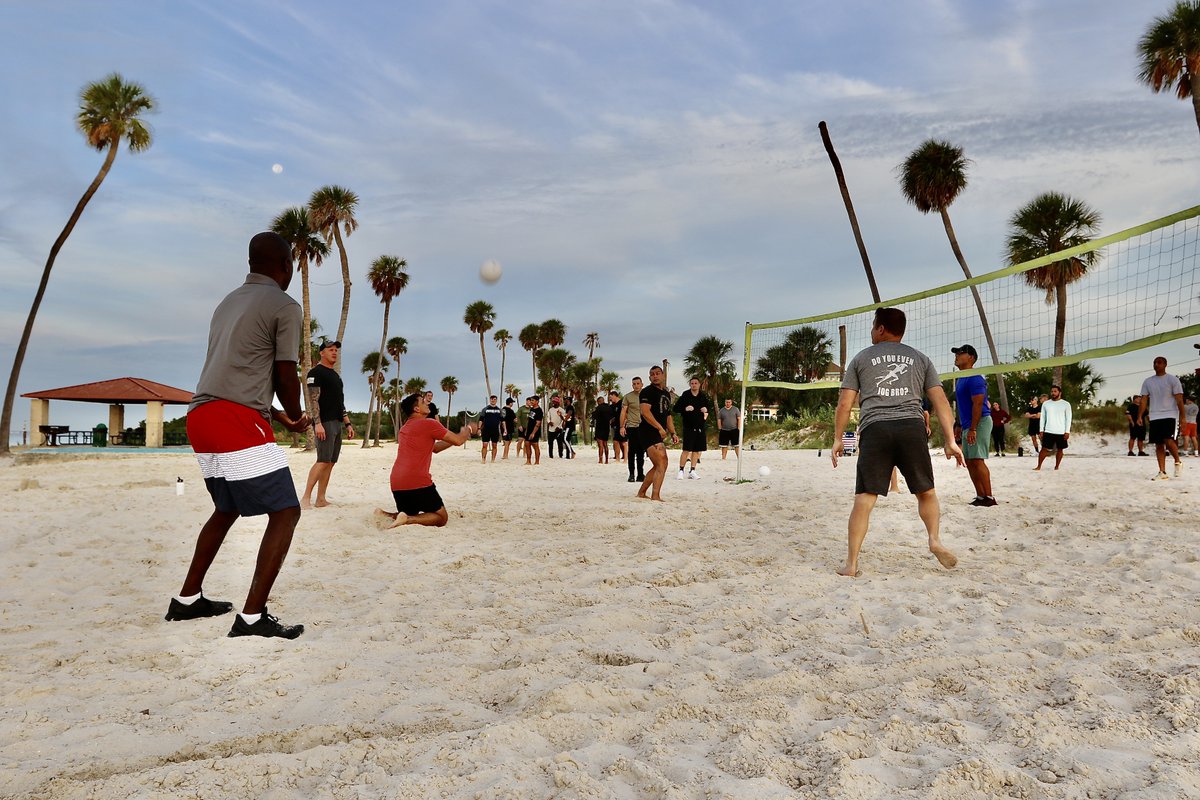 USSOCCENT's tweet photo. #SOCCENT served up a volleyball match at sunrise in celebration of our 37th anniversary as #SpartanWeek began this morning. The celebration was recently postponed after #HurricaneIan tore through the area. Follow along to find out which team takes home the championship trophy! https://t.co/C6GrW4U8T1