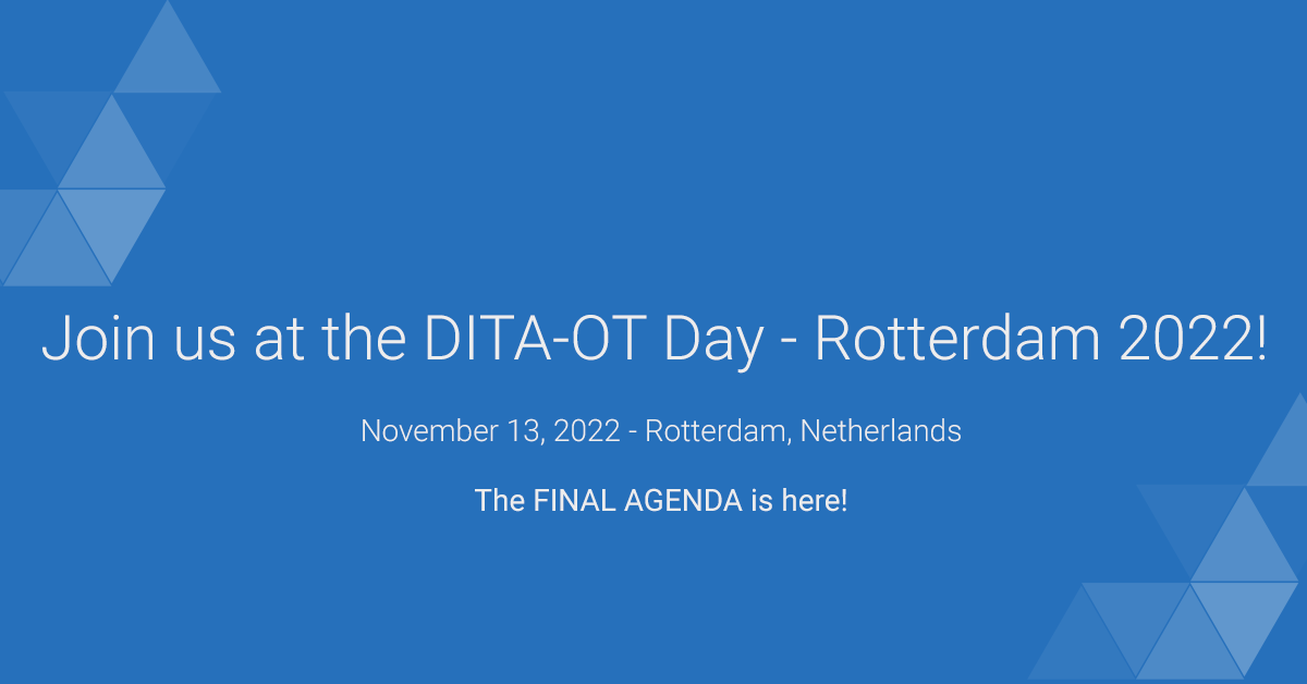 oxygenxml's tweet photo. ๐ก We are so glad to share with you this year's agenda as it is packed full of interesting topics presented by the DITA-OT main developers and a variety of XML experts!
Go ahead and check it here: https://t.co/xh2lwSNlab
#DITAOT #DITA #OXYGENXML #SAVETHEDATE https://t.co/3Fm8kkxrdu