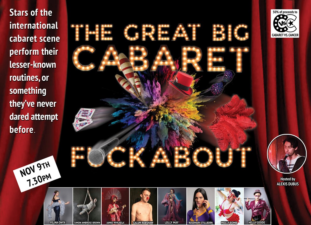 Another cracking lineup on Nov 9 at <a href="/BGWMC/">BETHNAL GREEN WMC</a>, raising money for <a href="/cabaretVScancer/">Cabaret vs Cancer</a>.
EARLY BIRD TICKETS UNTIL MIDNIGHT OCT 12TH.
<a href="/FelinaOnyx/">Felina Onyx</a> 
@jamiemykaela 
<a href="/calumrobshaw/">Calum Robshaw</a> 
Hella Goode
Molly Bomb
Rosemary Stillborn
Miss Lolly May
Simon Ambrose Brown

Tickets:
…ig-cabaret-fckabout.designmynight.com