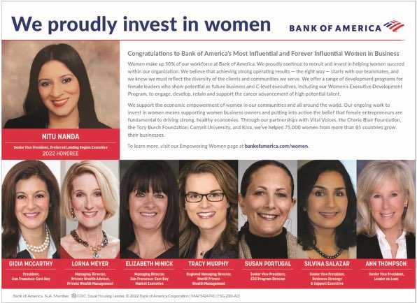 ShimSameer's tweet photo. “One of the outstanding professionals in our 2022 class of Most Influential Women in Bay Area Business” — @SFBusinessTimes on @BofANews colleague Nitu Nanda.Congratulations &amp; I am not surprised to see your name here. I get to witness your leadership every day &amp; So proud of you! https://t.co/y4gSzPSaD9